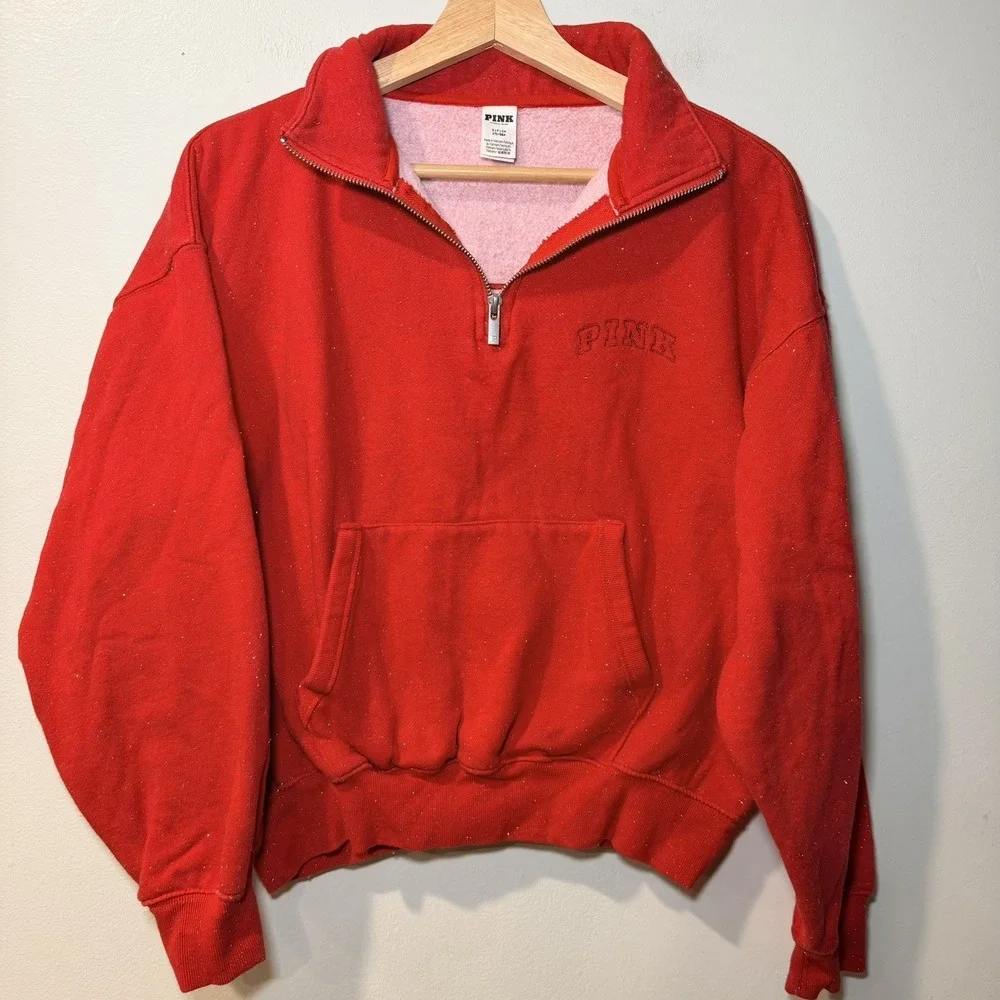 PINK Victoria's Secret Red Fleece Quarter Zip Sweatshirt Love Pink S glitter
